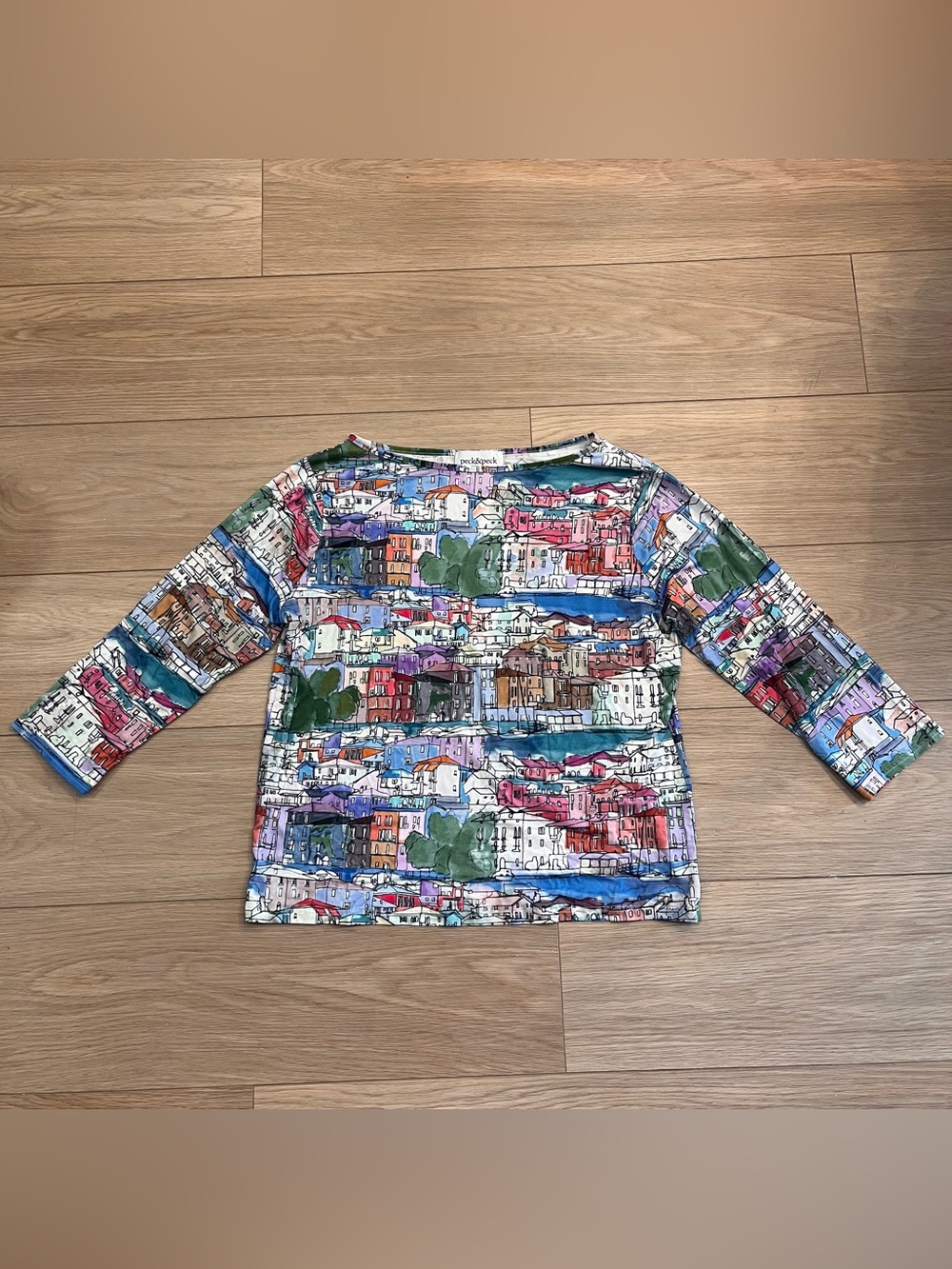 Peck & Peck Y2K Cityscape Print Mesh Top Colorful 3/4 Sleeve Shirt